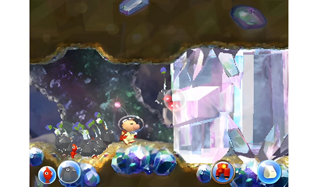 Hey! Pikmin zeigt Olimar in einer Kristallhöhle, umgeben von glitzernden Edelsteinen und Pikmin.