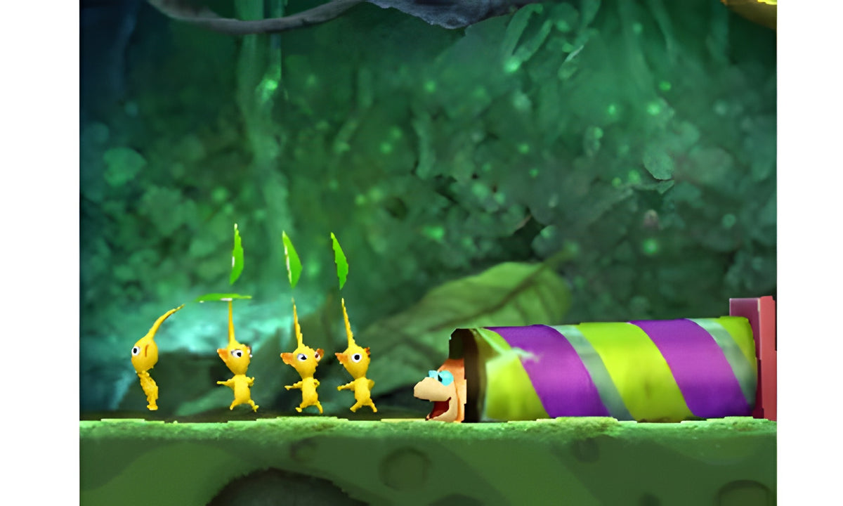 Hey! Pikmin zeigt eine Gruppe gelber Pikmin, die vor einer gestreiften Röhre in einem Wald stehen.