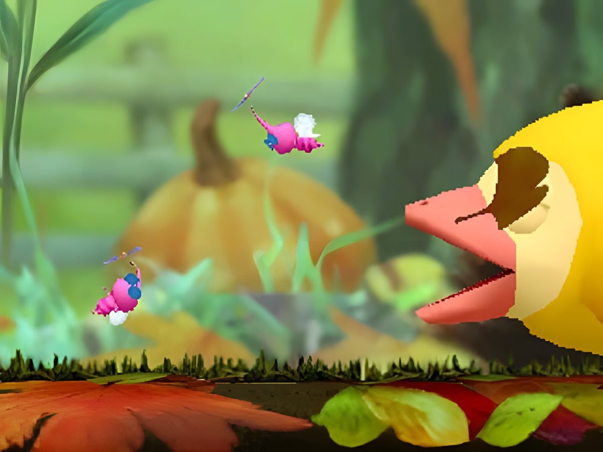 Zwei fliegende Pikmin werden in Hey! Pikmin von einem großen gelben Vogel angegriffen.