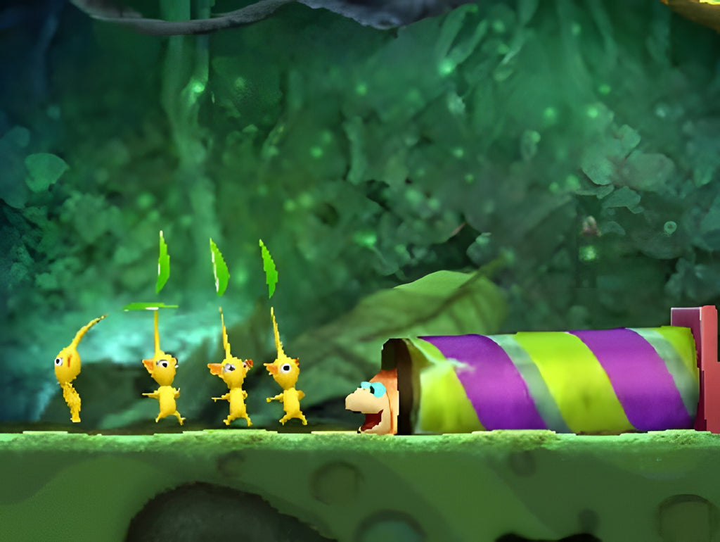 In Hey! Pikmin laufen vier gelbe Pikmin vor einem bunten Rohr, aus dem ein Wesen schaut.