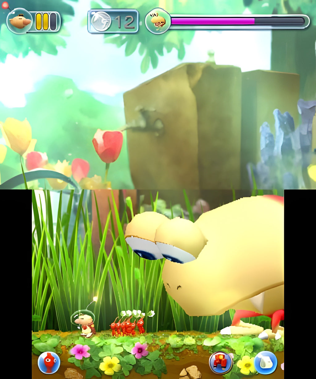 Hey! Pikmin zeigt eine Szene, in der Pikmin vor einem riesigen gelben Auge stehen.