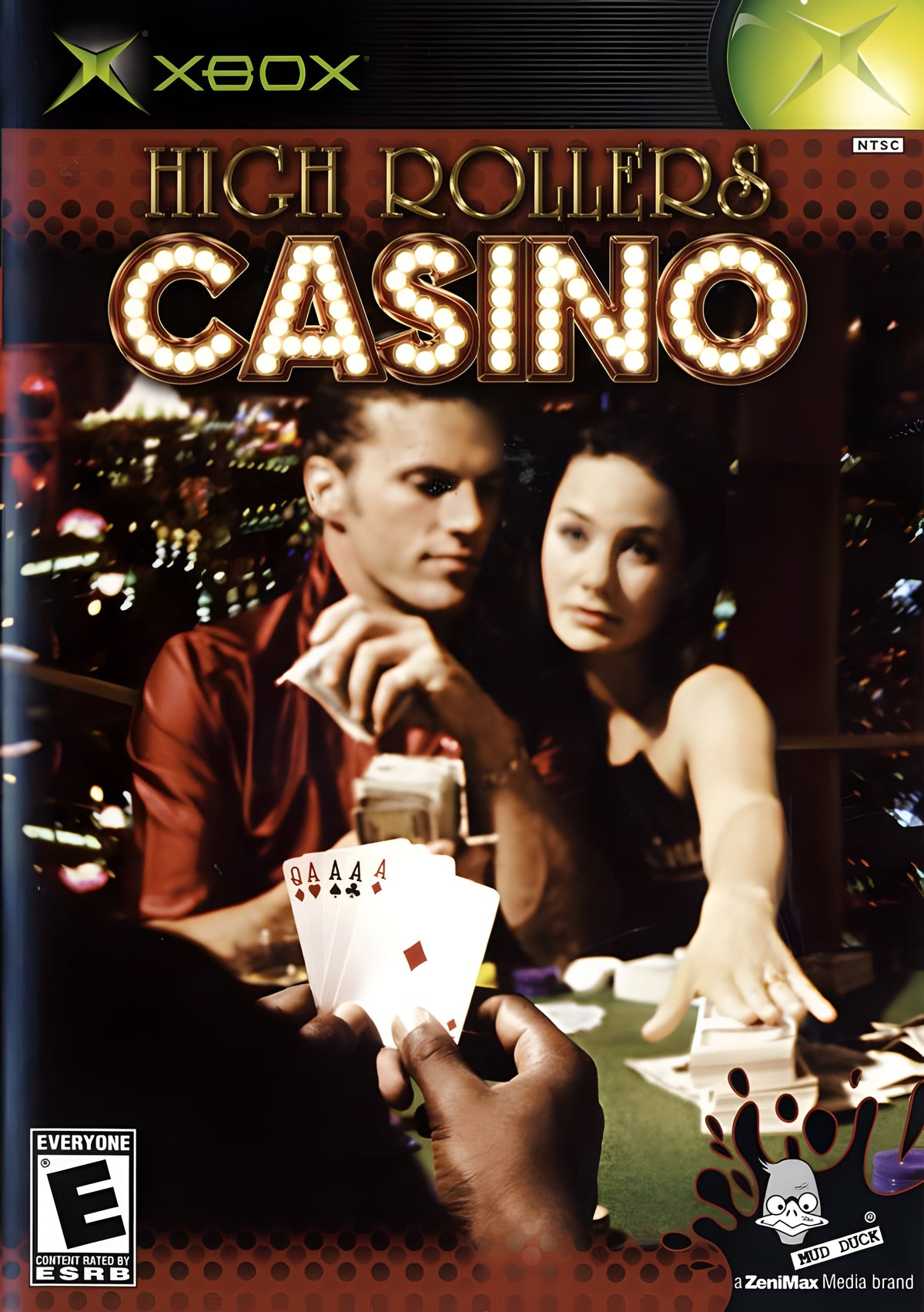 Das Cover von High Rollers Casino für Xbox zeigt zwei Spieler an einem Pokertisch mit Spielkarten und Chips, USK ab 12.