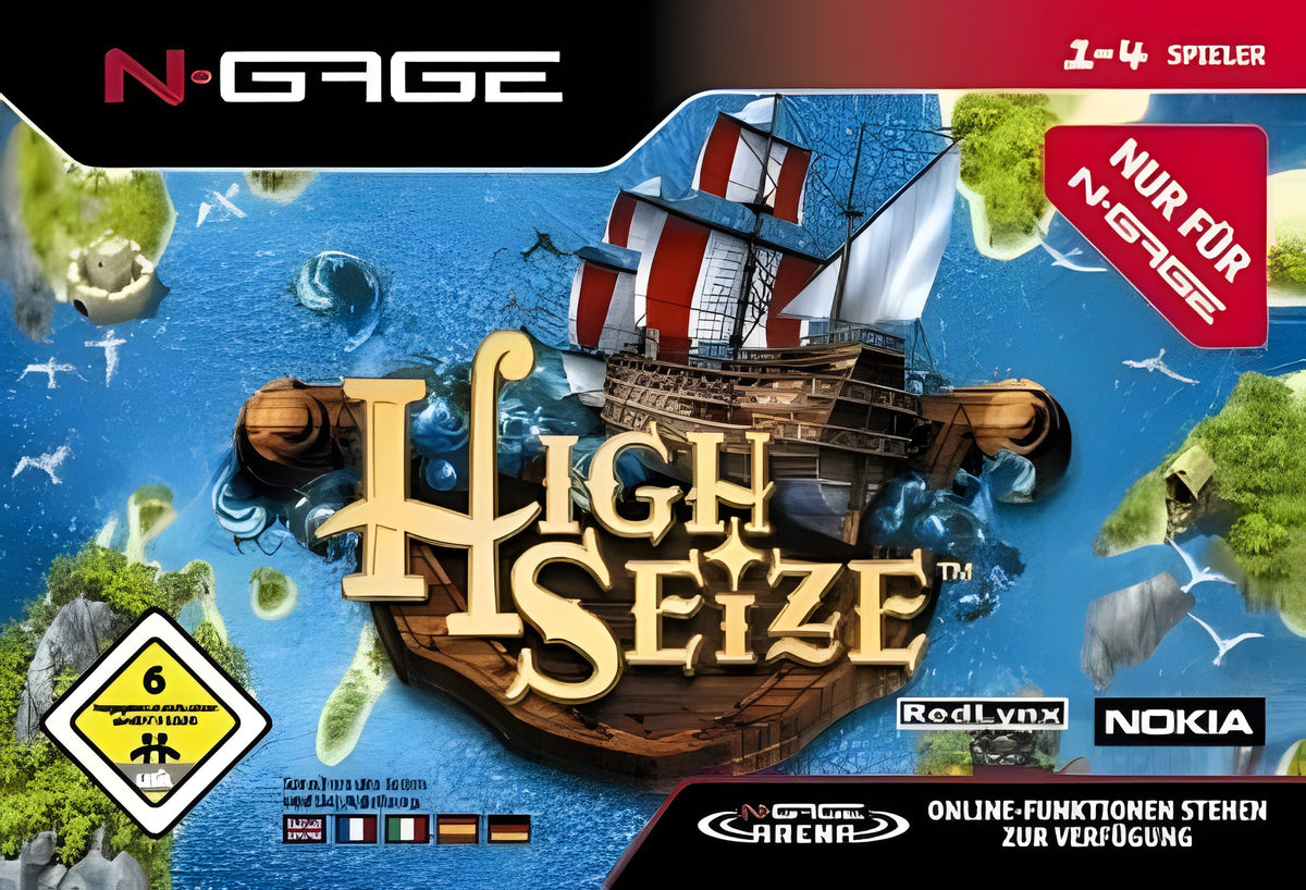Das Cover von High Seize für Nokia N-Gage zeigt ein Segelschiff auf stürmischer See und das USK-Siegel ab 6 Jahren.