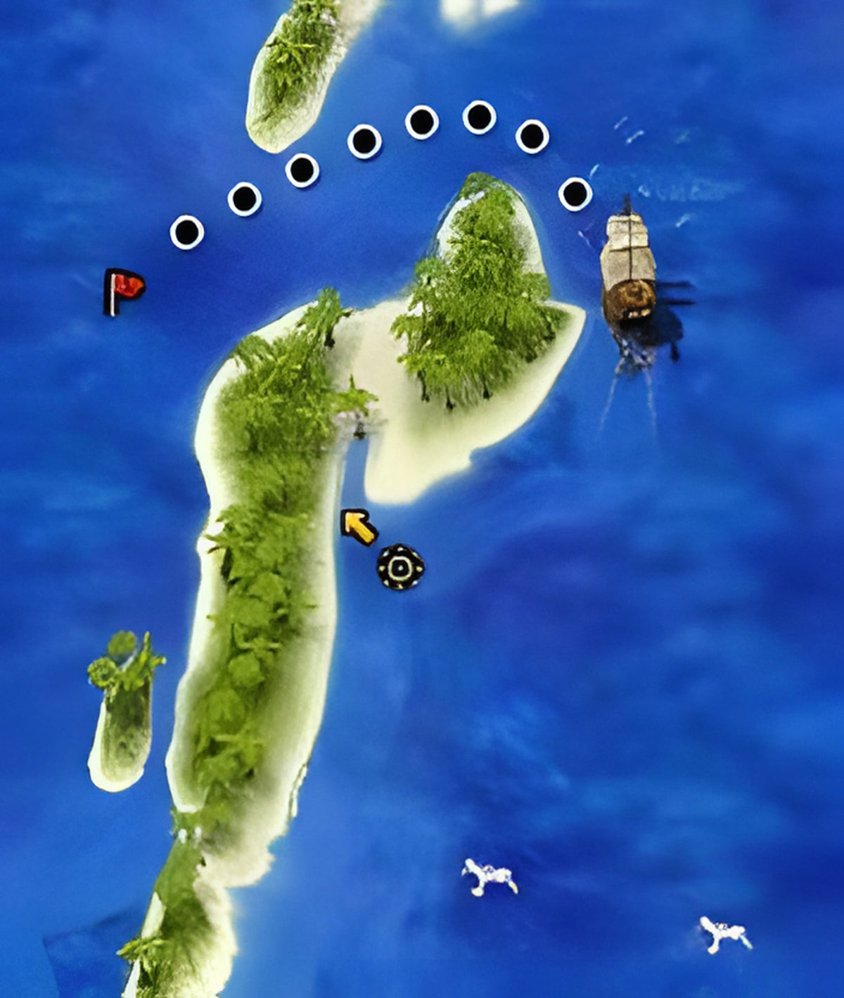 Ein Schiff folgt in High Seize einer markierten Route zwischen kleinen Inseln im Meer.