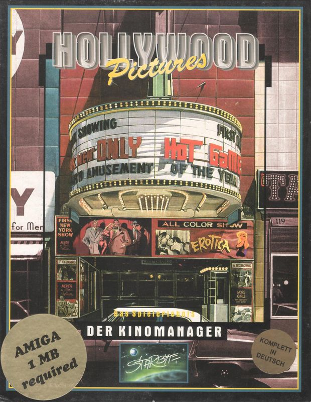 Das Cover von Hollywood Pictures: Der Kinomanager für Amiga zeigt ein Kino mit Leuchtreklame und Filmplakaten.
