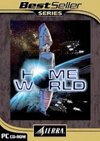Ein Ausschnitt des Homeworld-Covers mit einem Raumschiff und Planeten im Weltraum, umrahmt von einem Bestseller-Design.