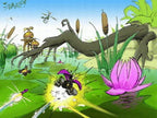 Eine gezeichnete Sumpflandschaft mit einem explodierenden Kart auf einem Seerosenblatt und einer Lotosblüte.