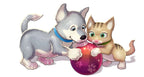 In Hunde & Katzen 3D-Tierisch verspielt spielen ein Hund und eine Katze mit einem Ball.