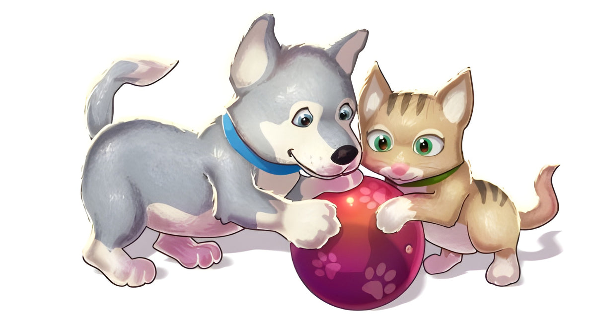 In Hunde & Katzen 3D-Tierisch verspielt spielen ein Hund und eine Katze mit einem Ball.