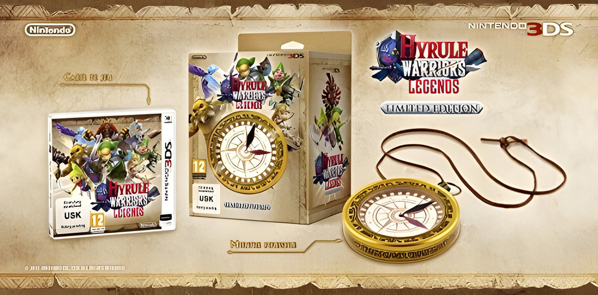 Das Packshot von Hyrule Warriors: Legends Limited Edition + Kompass Uhr zeigt alle Inhalte der Edition.