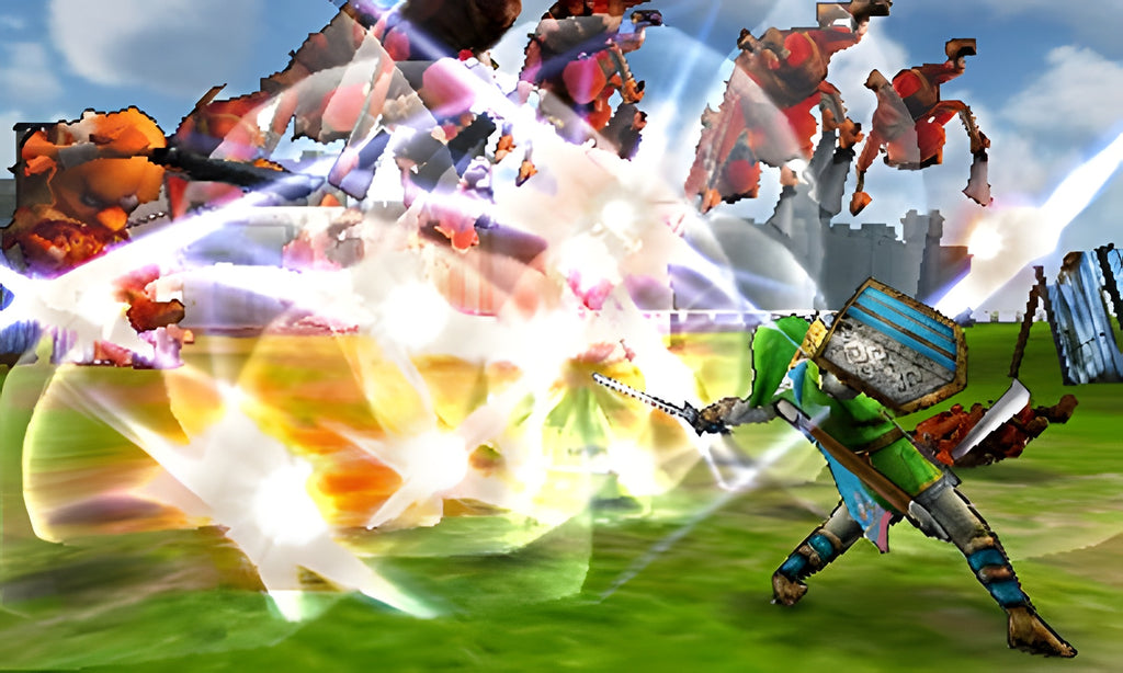 Link kämpft in Hyrule Warriors: Legends mit leuchtenden Energieblitzen gegen mehrere Gegner.