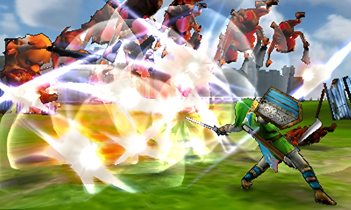 Link kämpft in Hyrule Warriors: Legends mit leuchtenden Energieblitzen gegen mehrere Gegner.