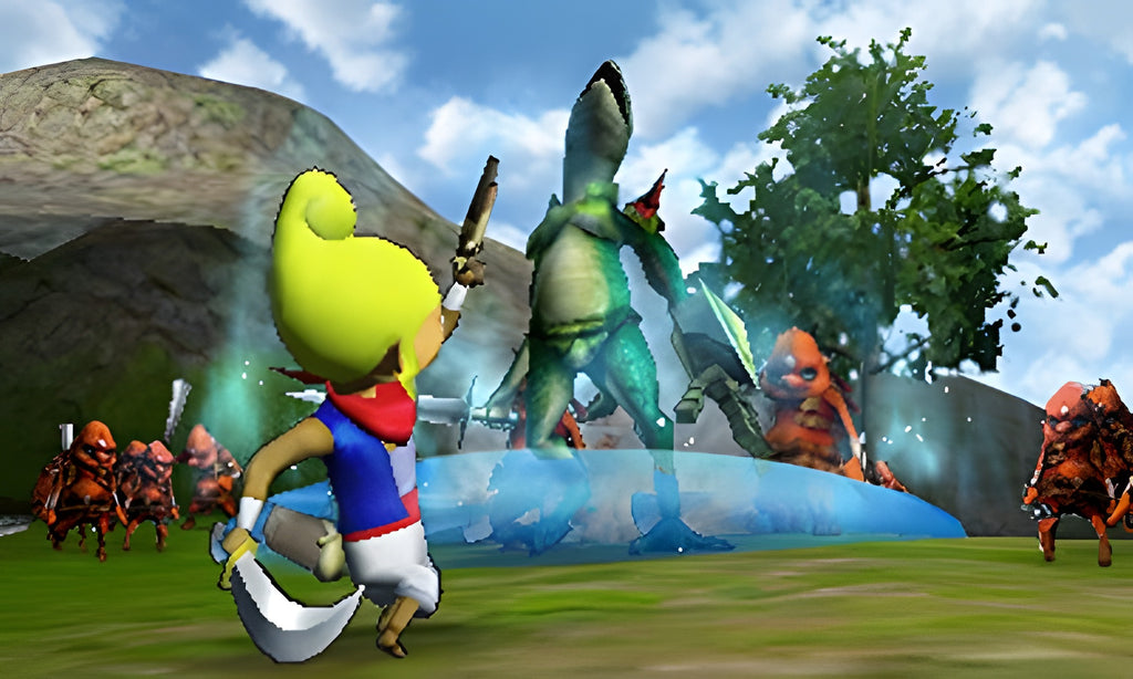 Toon Link steht in Hyrule Warriors: Legends vor einem großen Reptiliengegner und kleinen Orks.