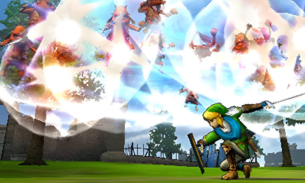 Link greift in Hyrule Warriors: Legends mehrere Gegner mit einer weitreichenden Attacke an.
