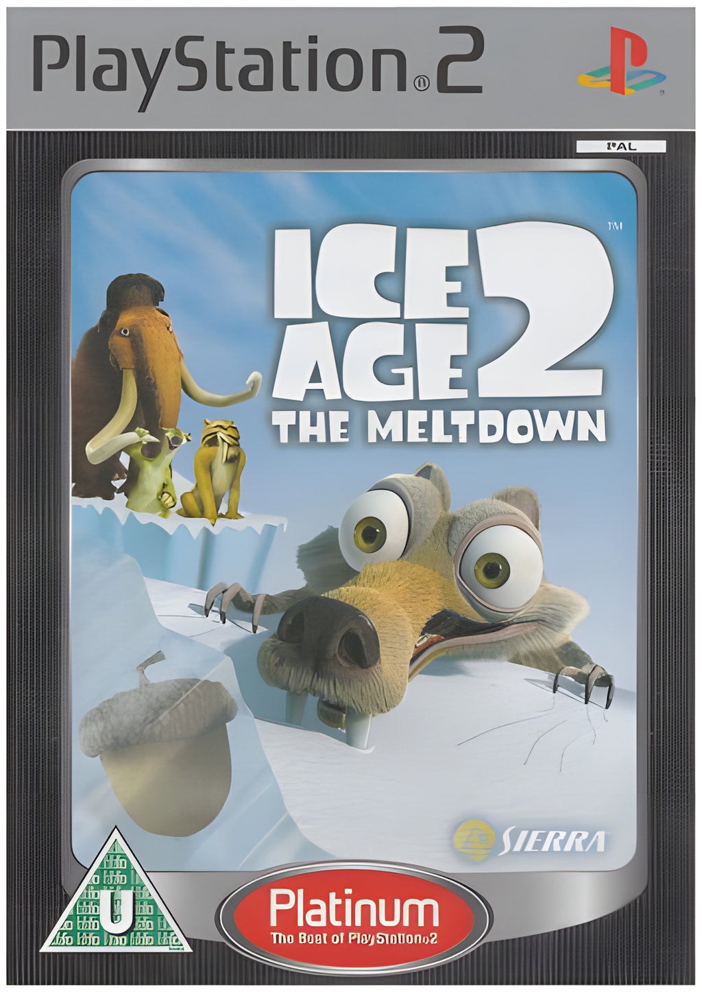 Das Cover von Ice Age 2: The Meltdown für PS2 zeigt Scrat, Manny und Sid auf einem Eisfeld.