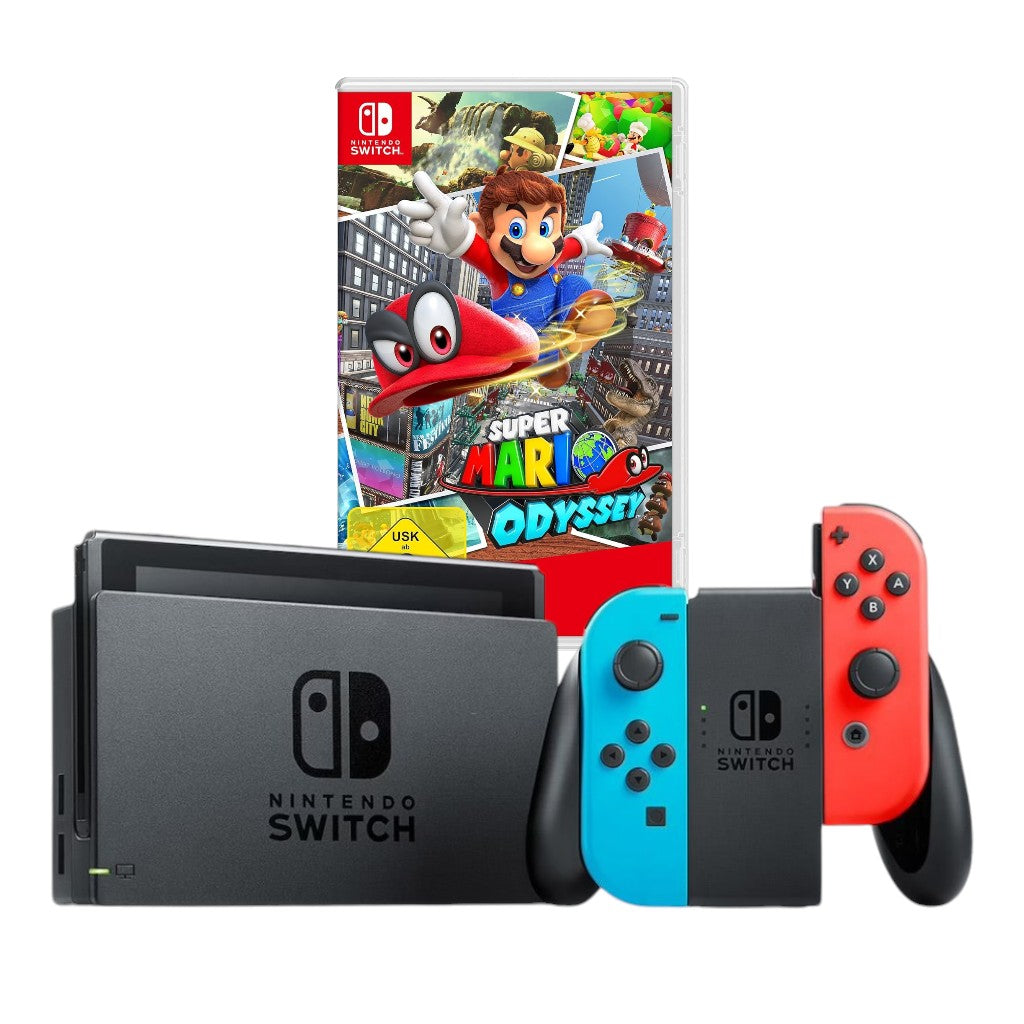 Konsole Neon-Blau/Neon-Rot + Dock + Super Mario Odyssey