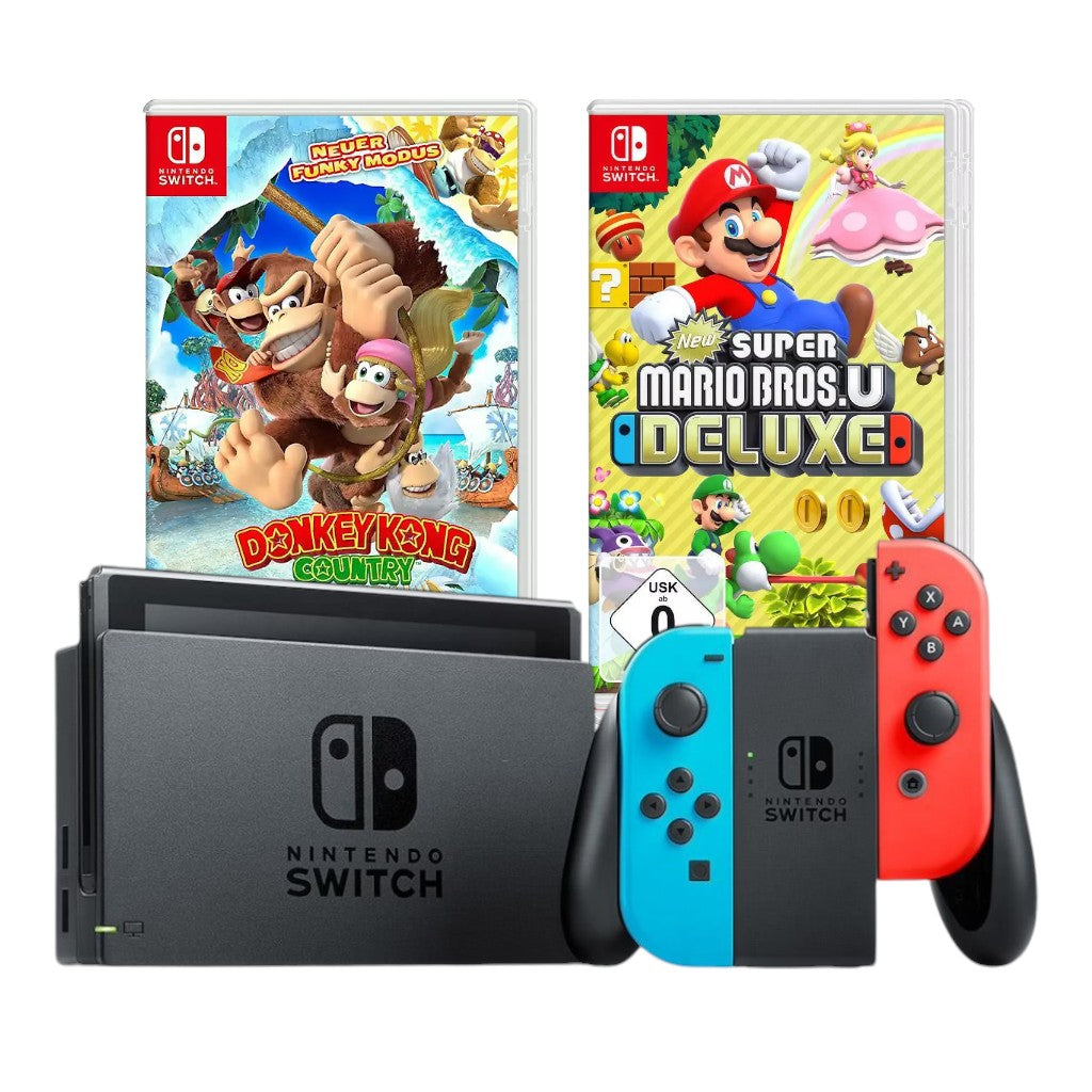 Konsole Neon-Blau/Neon-Rot + Dock + Mario Bros. U Deluxe + Donkey Kong Country