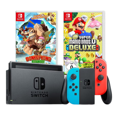 Konsole Neon-Blau/Neon-Rot + Dock + Mario Bros. U Deluxe + Donkey Kong Country