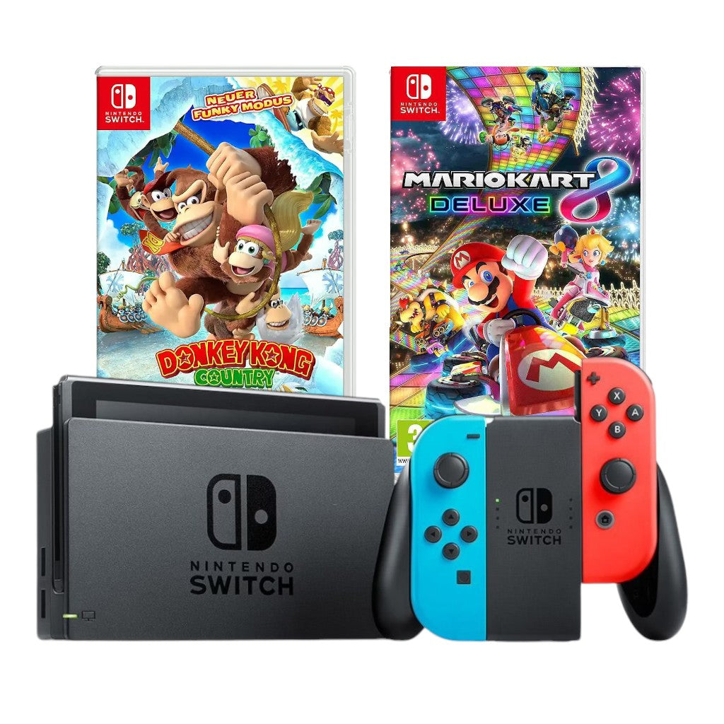 Konsole Neon-Blau/Neon-Rot + Dock + Mario Kart 8 Deluxe + Donkey Kong Country