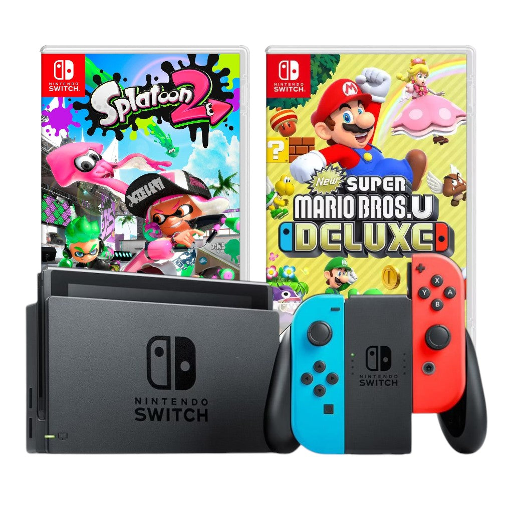 Konsole Neon-Blau/Neon-Rot + Dock + Splatoon 2 + Mario Bros. U Deluxe