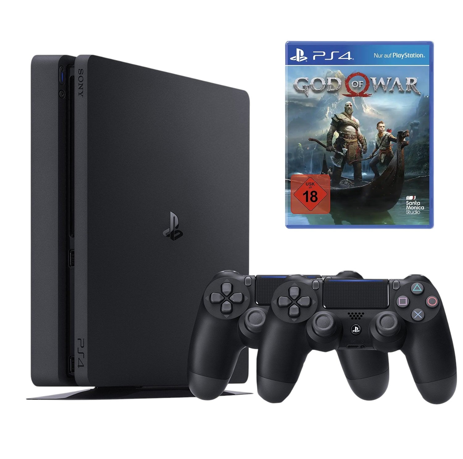 Konsole Slim 1TB schwarz + 2 Original Controller + God of War