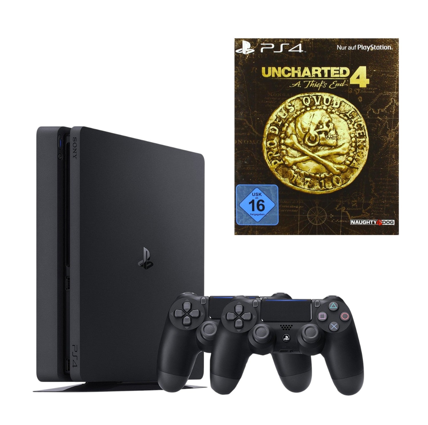 Konsole Slim 1TB schwarz + Uncharted 4 + 2 Original Controller — Special Edition