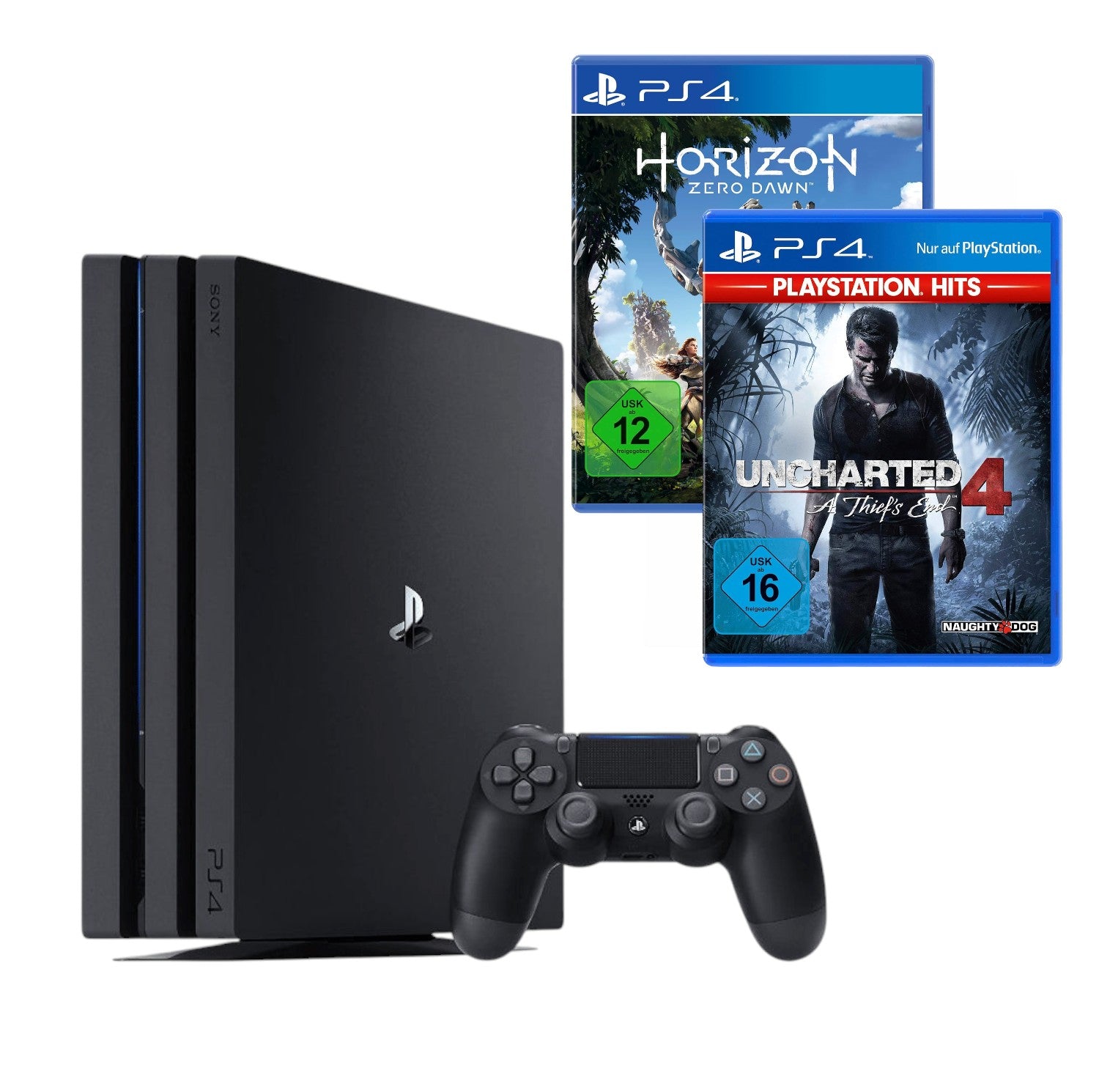 Konsole Pro 1TB schwarz + Uncharted 4 + Horizon: Zero Dawn + Original Controller