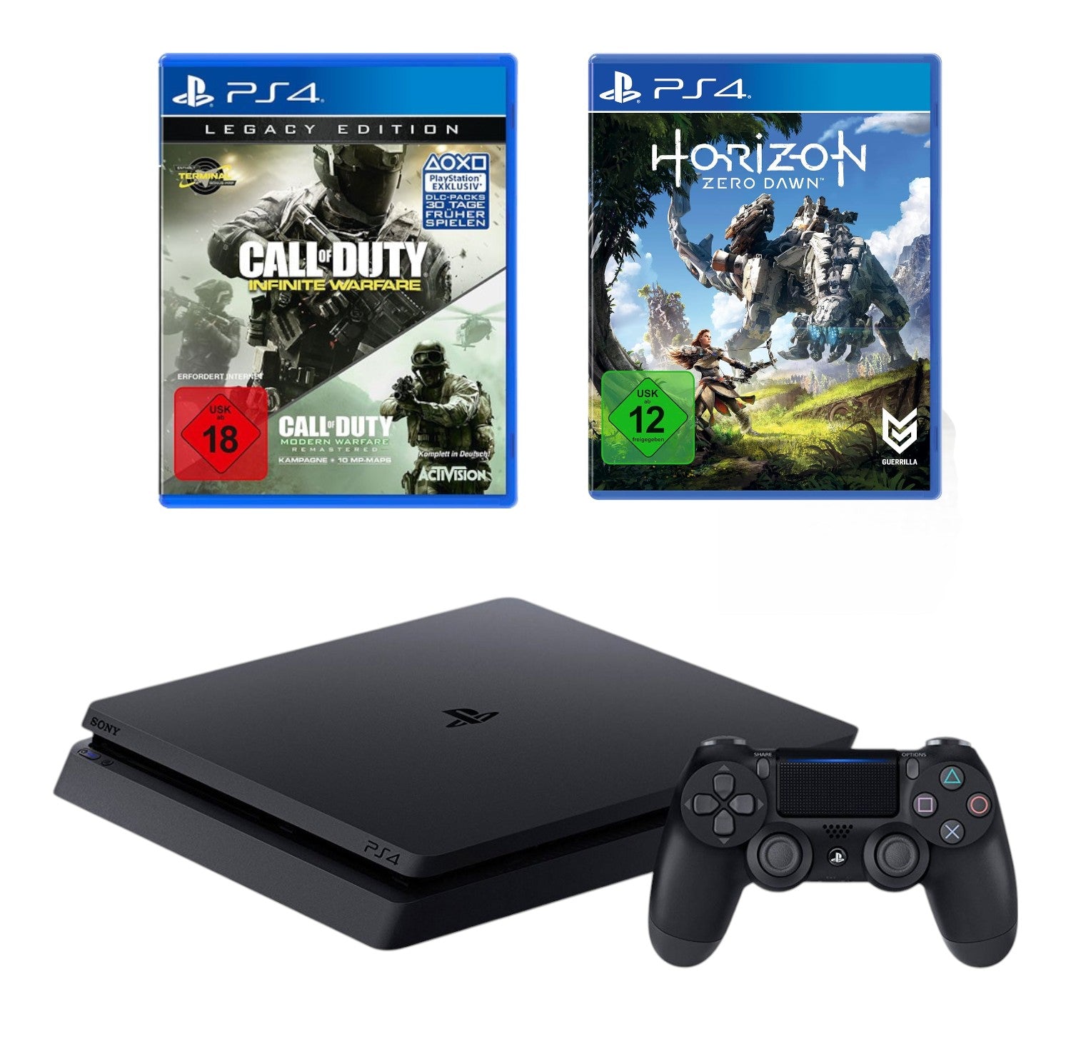 Konsole Slim 1TB schwarz + CoD: Infinite Warfare + Horizon: Zero Dawn + Original Controller (DE) — Legacy Edition
