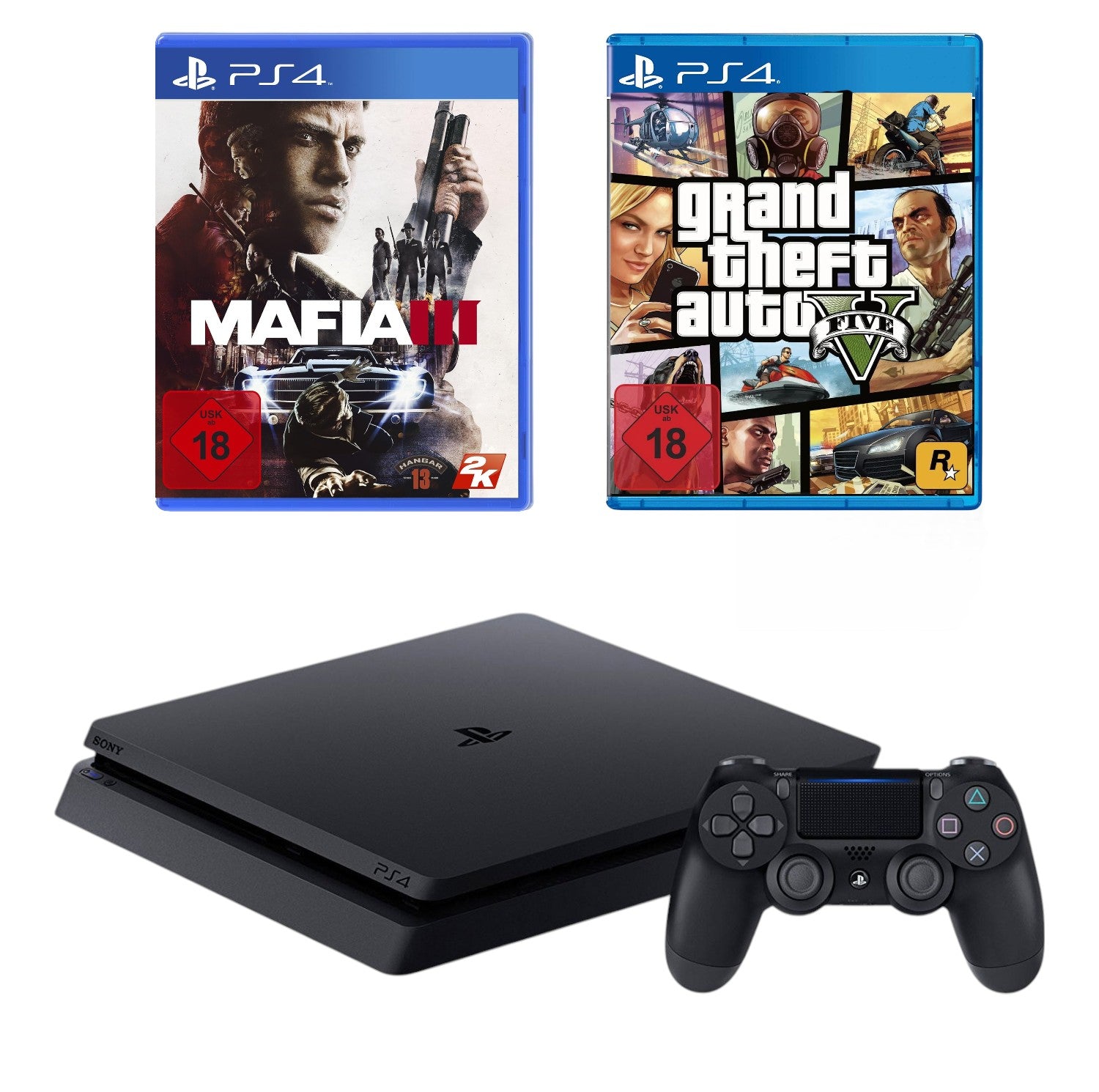 Konsole Slim 1TB schwarz + GTA 5 + Mafia III + Original Controller