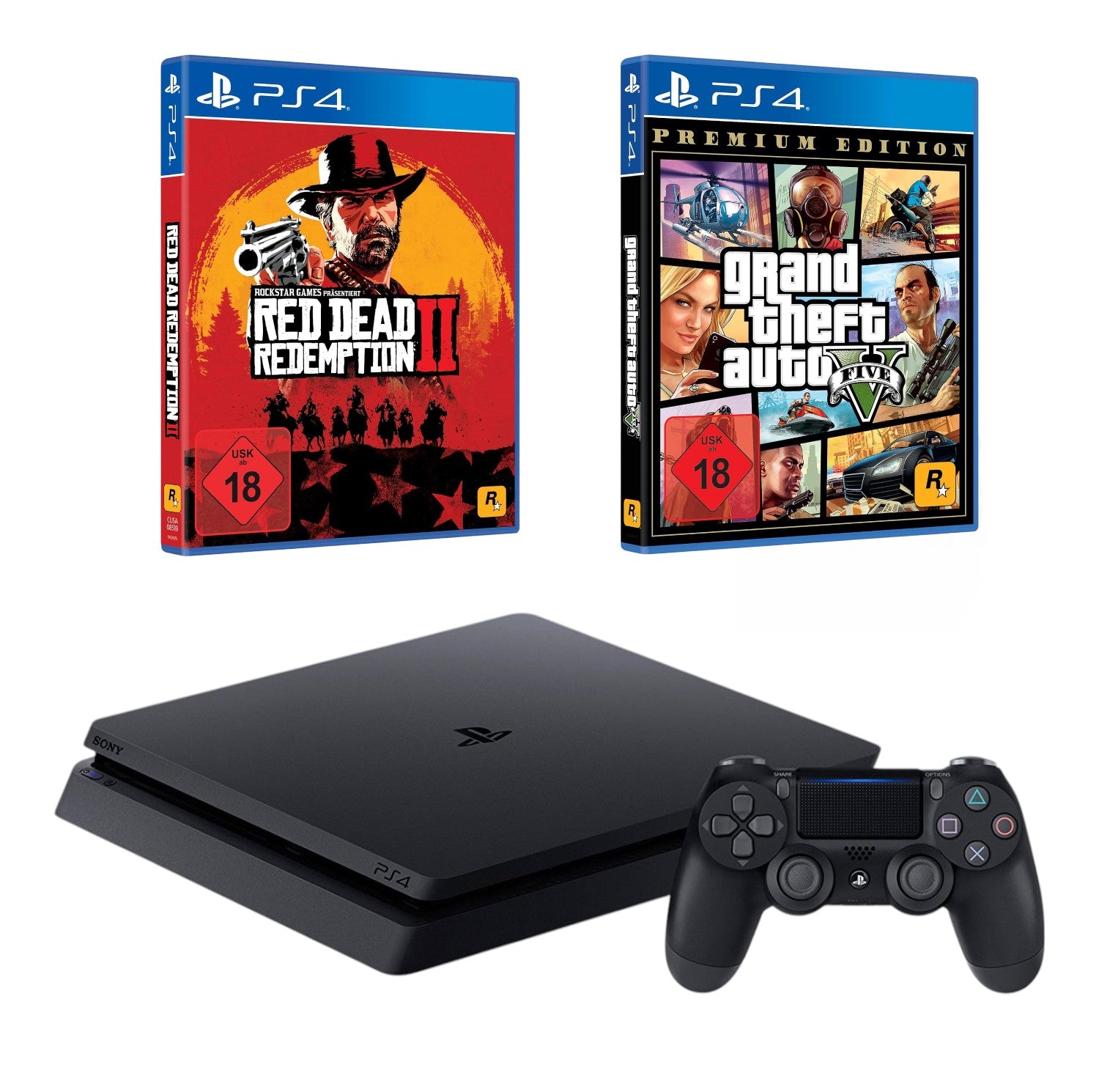 Konsole Slim 1TB schwarz + GTA 5 Premium + Red Dead Redemption 2 + Original Controller