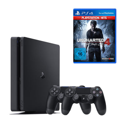 Konsole Slim 1TB schwarz + Uncharted 4 + 2 Original Controller