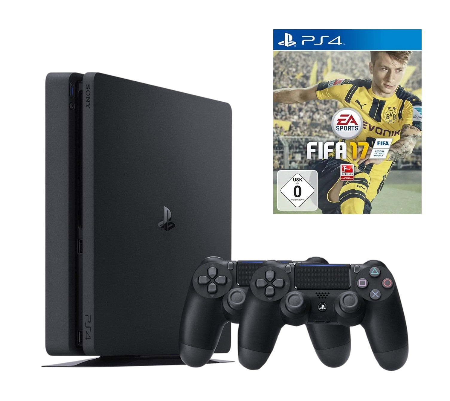 Konsole Slim 1TB schwarz + FIFA 17 + 2 Original Controller