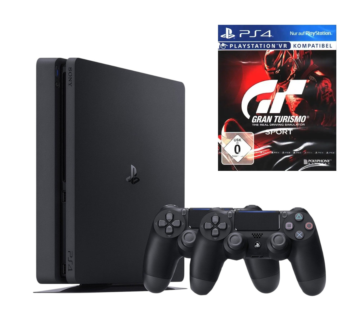 Konsole Slim 1TB schwarz + Gran Turismo Sport + 2 Original Controller
