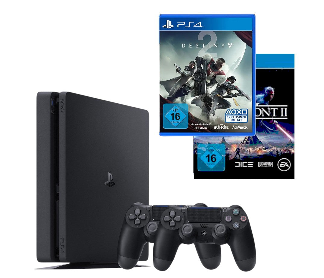Konsole Slim 1TB schwarz + Star Wars: Battlefront II + Destiny 2 + 2 Original Controller