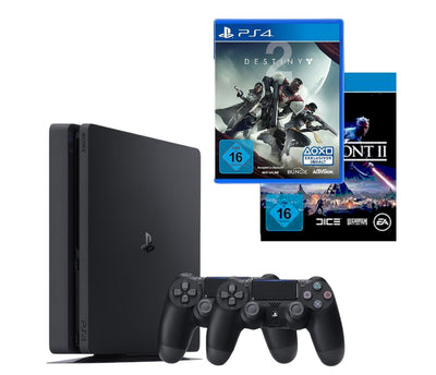 Konsole Slim 1TB schwarz + Star Wars: Battlefront II + Destiny 2 + 2 Original Controller
