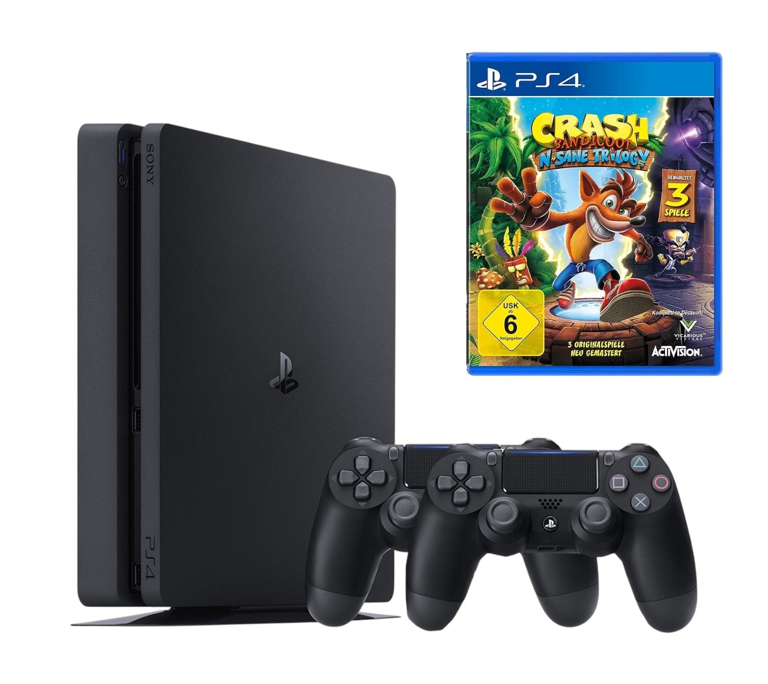 Konsole Slim 500GB schwarz + Crash Bandicoot: N-Sane Trilogy + 2 Original Controller