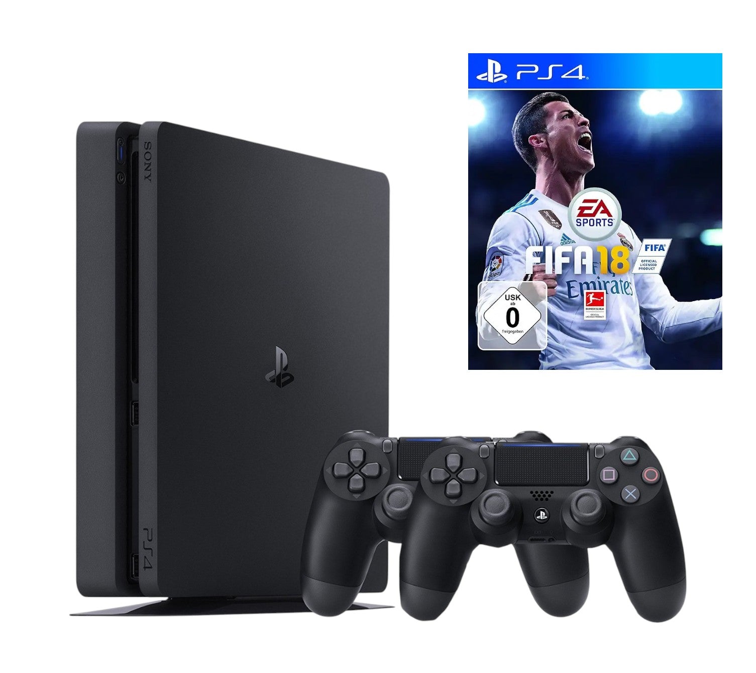 Konsole Slim 500GB schwarz + FIFA 18 + 2 Original Controller
