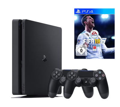 Konsole Slim 500GB schwarz + FIFA 18 + 2 Original Controller