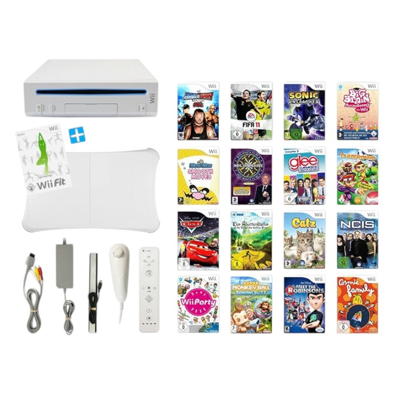 MegaSet: Konsole + 6 Spiele + Balance Board + Remote + viel Zubehör weiß