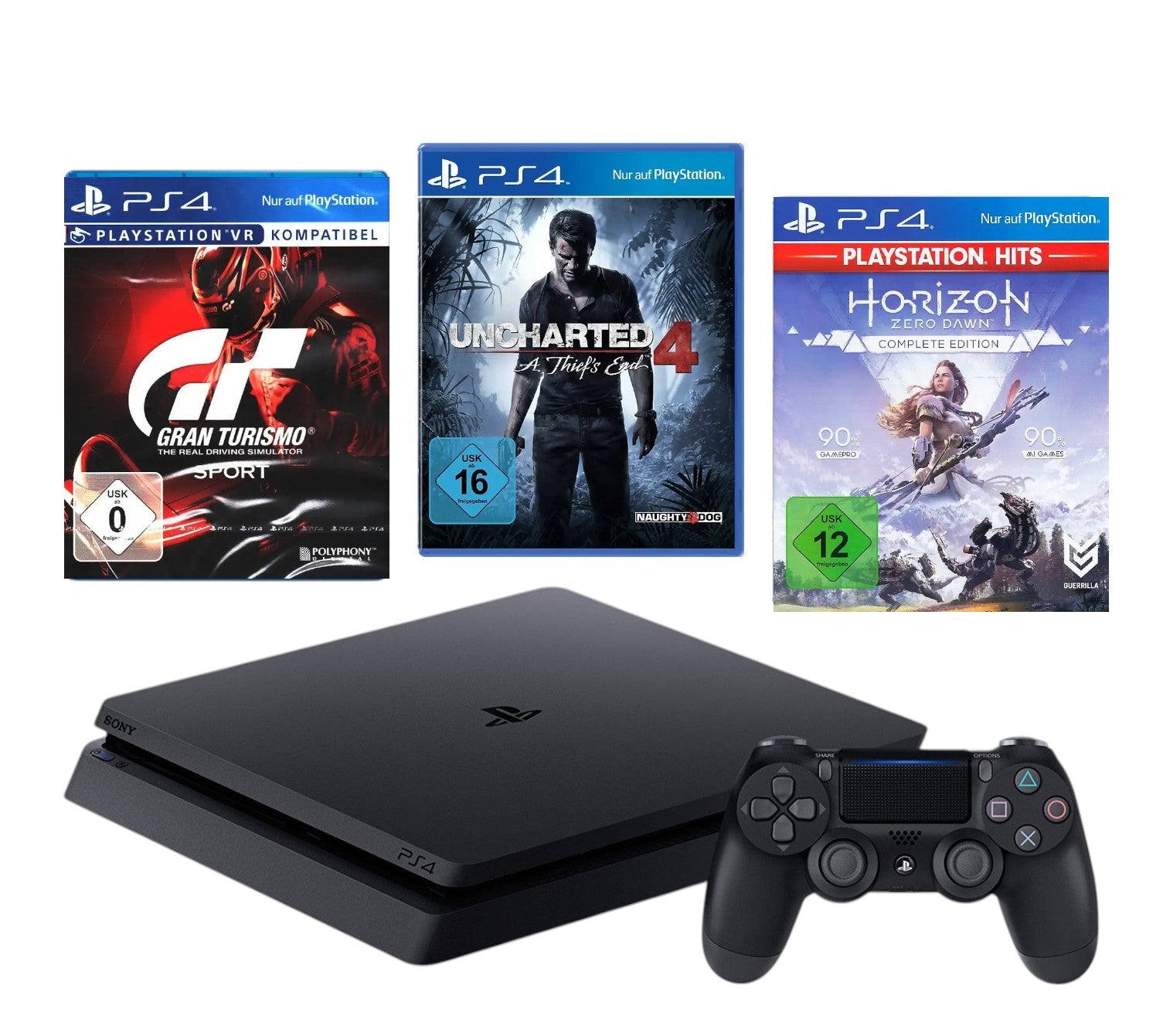 Konsole Slim 500GB schwarz + Gran Turismo + Horizon: Zero Dawn + Uncharted 4 + Original Controller