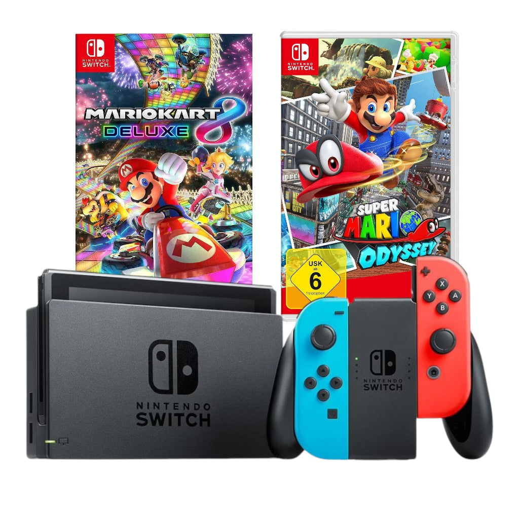 Konsole Neon-Blau/Neon-Rot + Dock + Mario Kart 8 Deluxe + Super Mario Odyssey