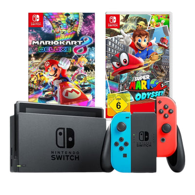 Konsole Neon-Blau/Neon-Rot + Dock + Mario Kart 8 Deluxe + Super Mario Odyssey