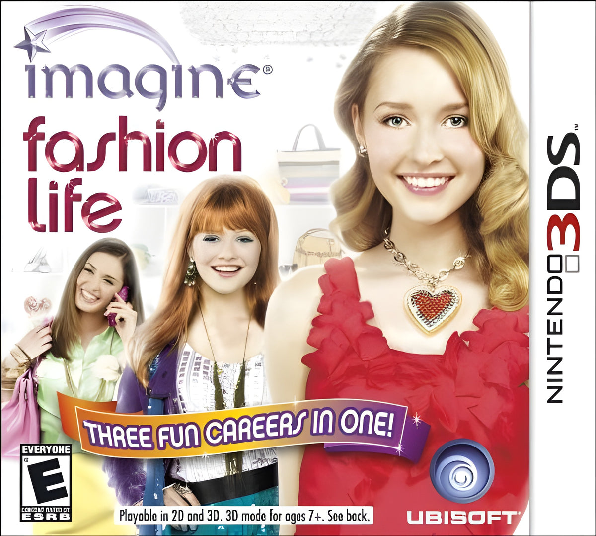 Das Cover von Imagine: Fashion Life für Nintendo 3DS zeigt drei junge Frauen, die lächeln, mit dem ESRB-Siegel E.
