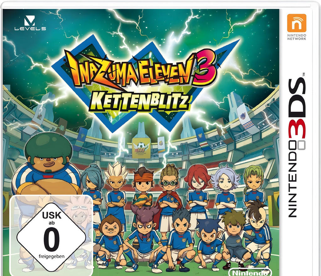 Inazuma Eleven 3: Kettenblitz zeigt auf dem Cover eine Gruppe von Fußballspielern und das USK-Siegel ab 0.
