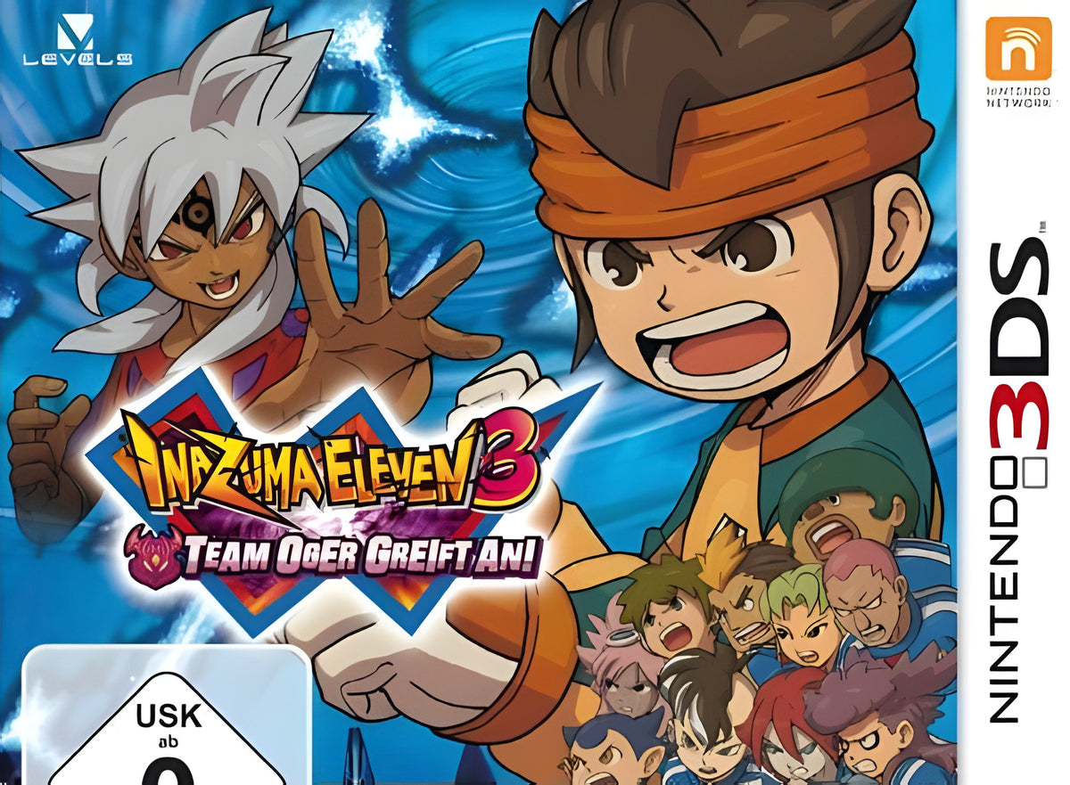 Das Cover von Inazuma Eleven 3: Team Oger greift an! zeigt zwei Anime-Figuren und das USK ab 0 Siegel.