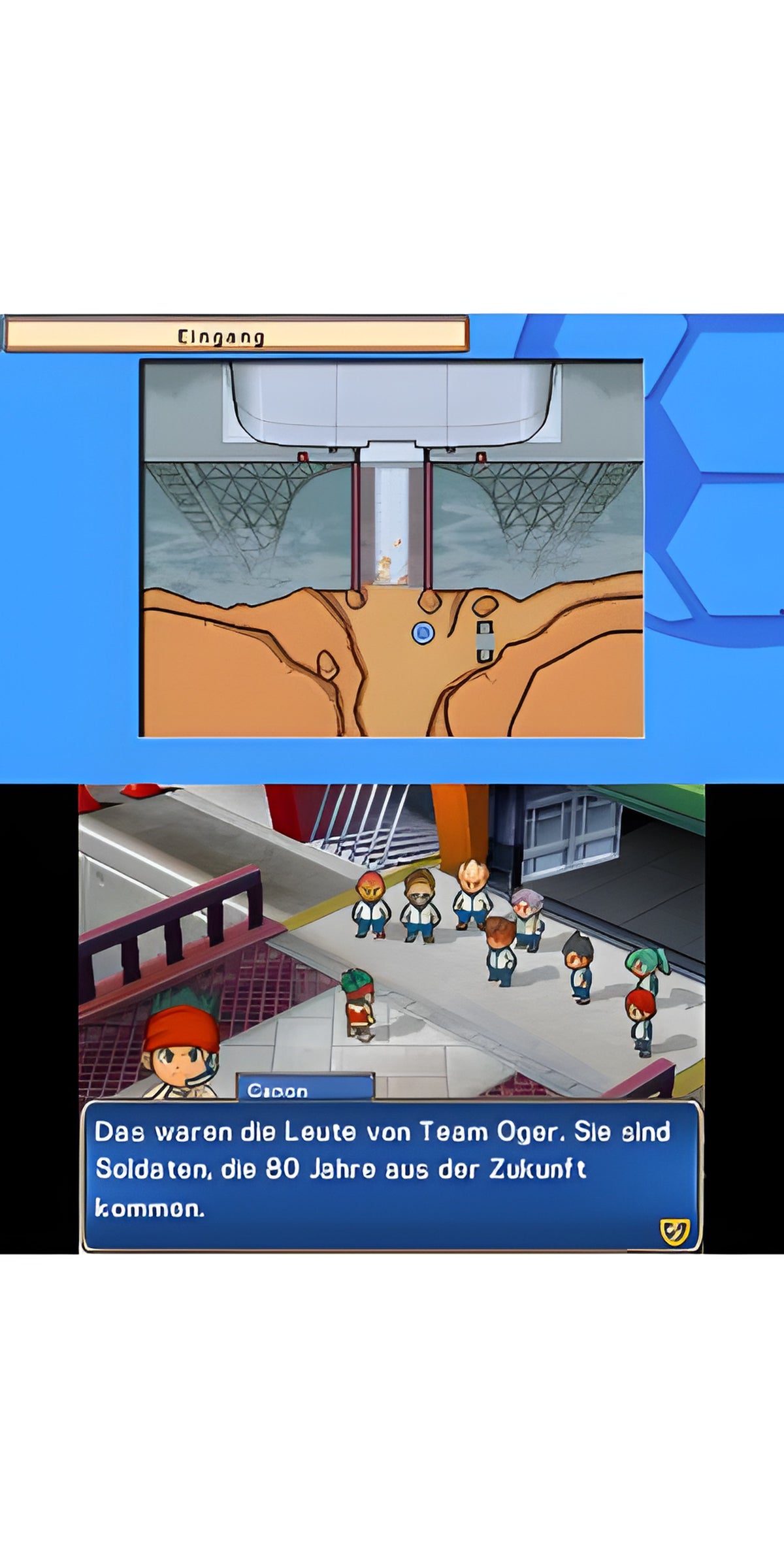 Inazuma Eleven 3: Team Oger greift an! zeigt eine Dialogszene in der Stadt mit mehreren Figuren.