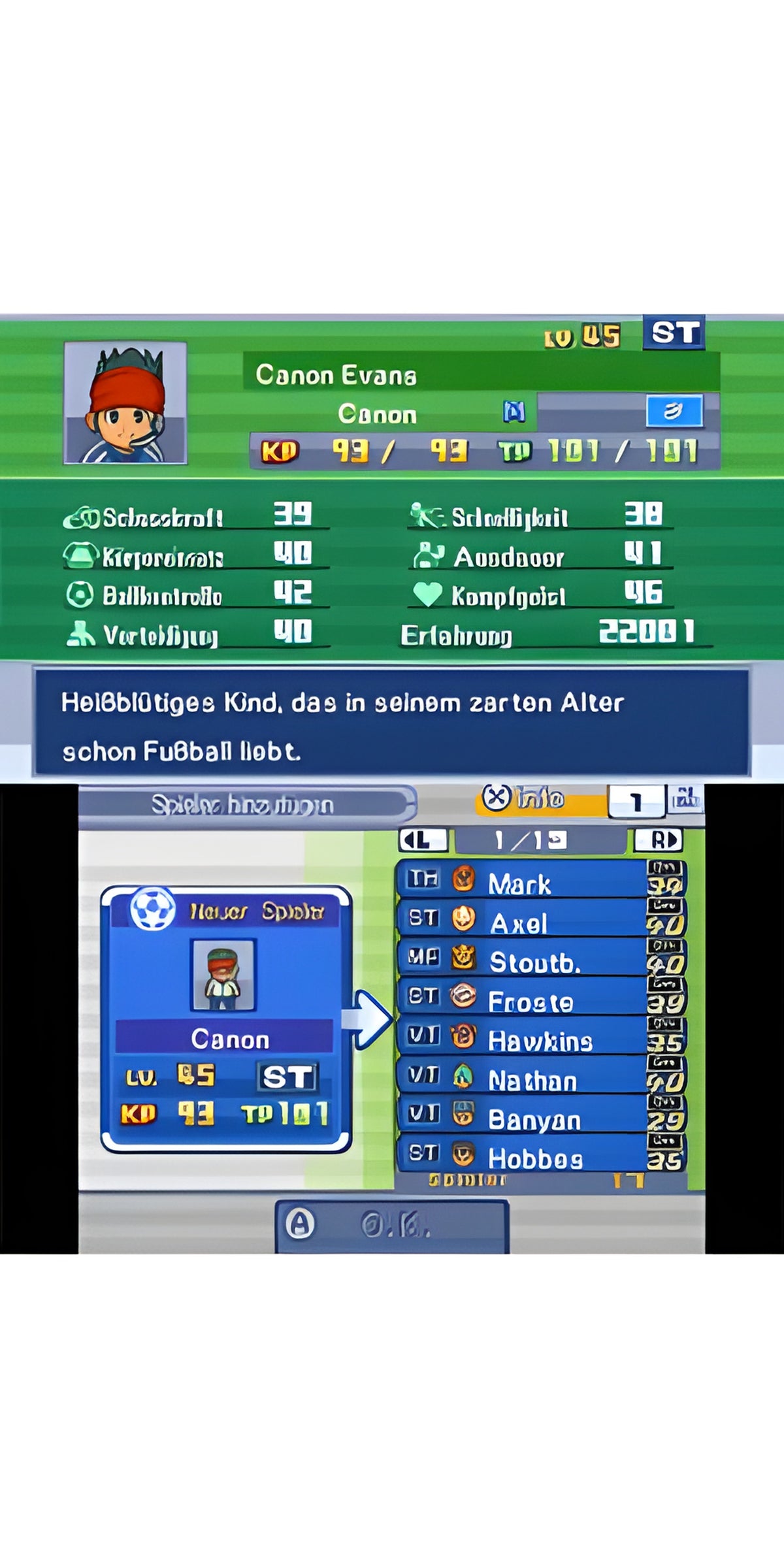 Inazuma Eleven 3: Team Oger greift an! zeigt ein Menü zur Spielerübersicht mit Werten und Beschreibungen.