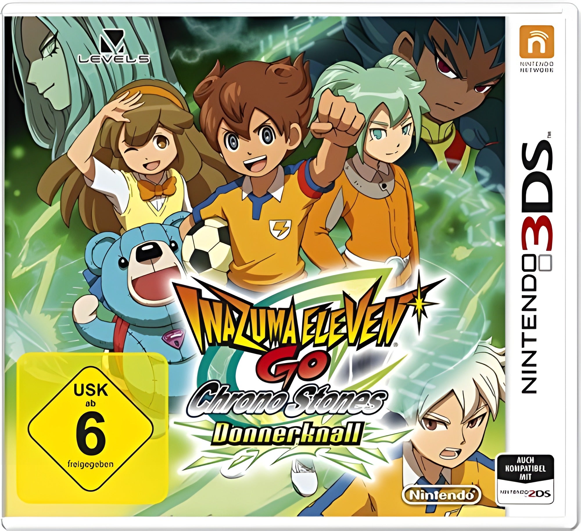 Das Cover von Inazuma Eleven Go: Chrono Stones Donnerknall für Nintendo 3DS zeigt mehrere Anime-Figuren und das USK-Siegel.