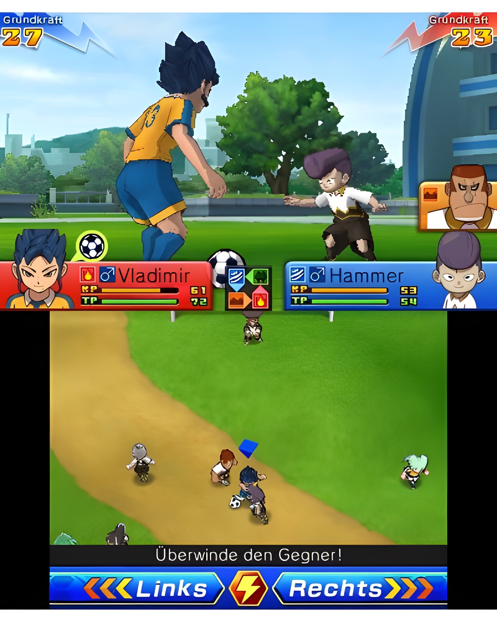 In Inazuma Eleven Go: Chrono Stones Donnerknall für Nintendo 3DS kämpfen Vladimir und Hammer auf dem Fussballfeld.