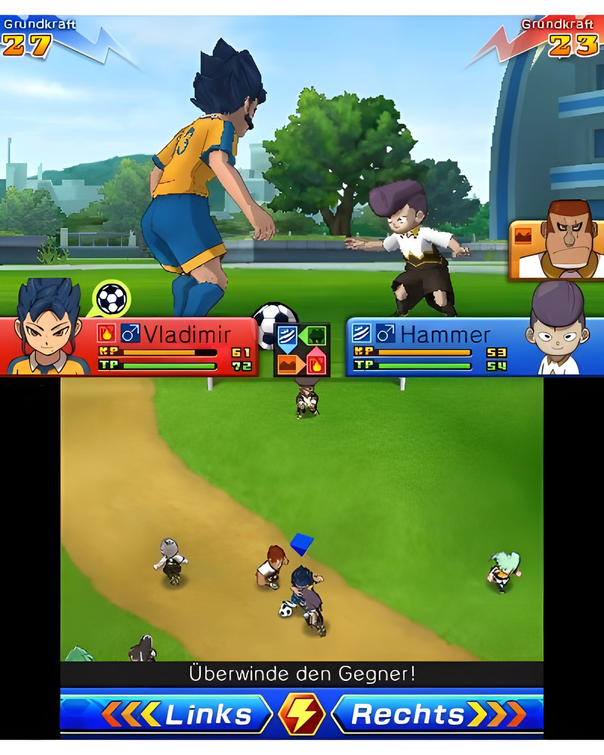 In Inazuma Eleven Go: Chrono Stones Donnerknall treten Vladimir und Hammer im Fussballkampf an.